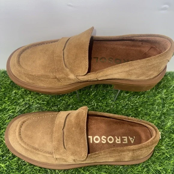 Aerosoles Gelso Block Heel Loafers Tobacco Brown Suede Womens Size 6M Comfort - Picture 2 of 16